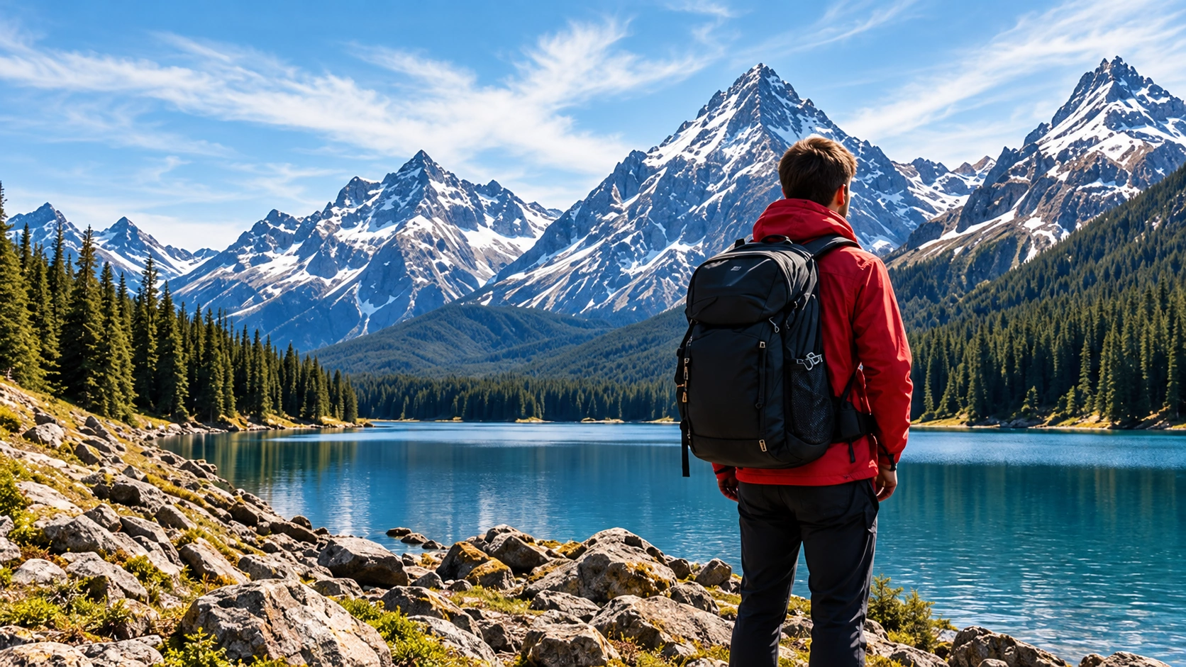 Original alpine lake photograph with a hiker in the foreground